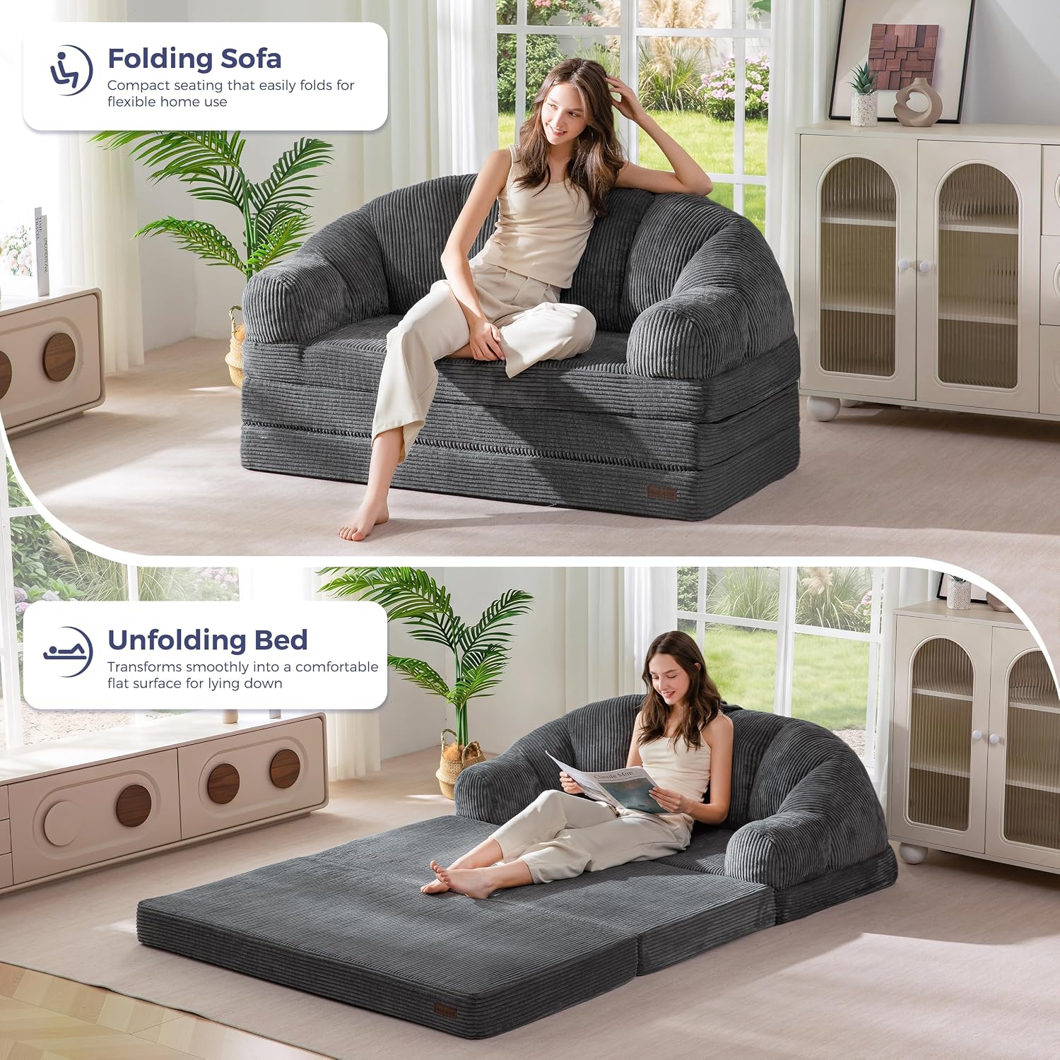 MAXYOYO Folding Sofa Bed with Backrest, Fold Out Couch with Handle | 2 in 1 Convertible Bean Bag Chair to Floor Sofa Lounger, Comfy Folding Couch for Bedroom & Living Room, Dark Grey, Loveseat