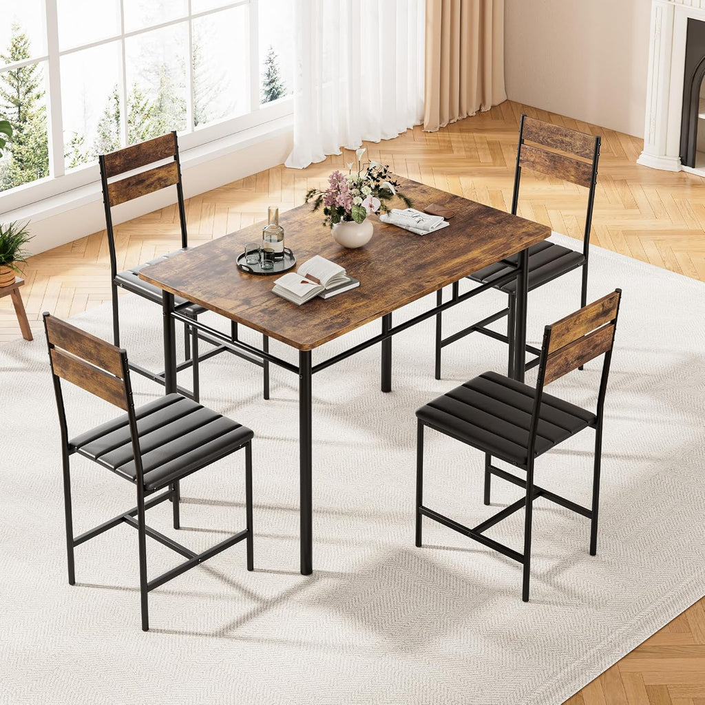 Kitchen Table Chairs Set of 4, 5-Piece Modern Dining Table Set | Kitchen Table and Chairs for Small Space with Upholstered Padded Chairs, Apartment, Rustic Brown