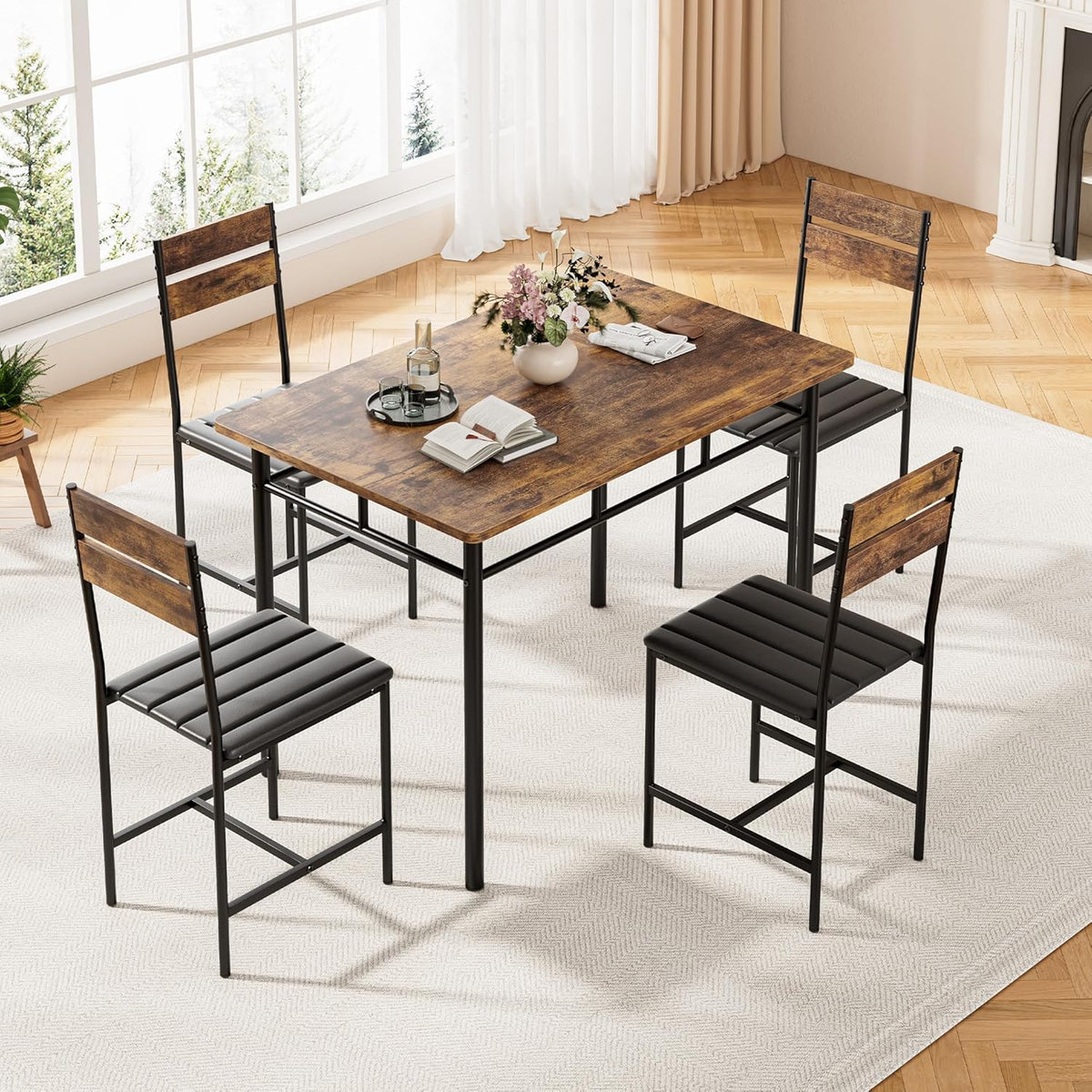 Kitchen Table Chairs Set of 4, 5-Piece Modern Dining Table Set | Kitchen Table and Chairs for Small Space with Upholstered Padded Chairs, Apartment, Rustic Brown