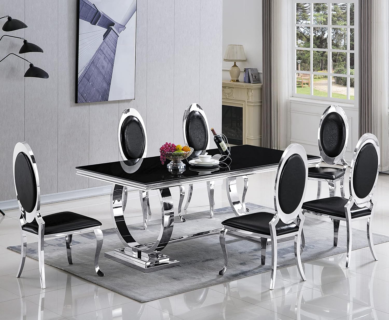 Henf Modern Luxury Dining Chairs Set of 6, Leatherette Upholstered Kitchen Dining Chair with Silver Stainless Steel Frame, High-Back Armless Side Chair for Dining Kitchen Room (Black)