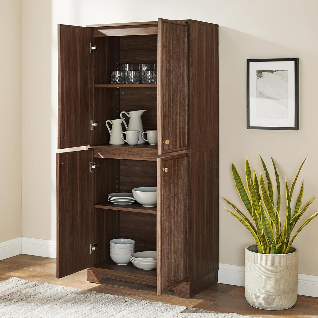 Crosley Furniture Naomi Modern Reeded Kitchen Pantry Storage Cabinet, Dining, Laundry Room, Bathroom, Walnut