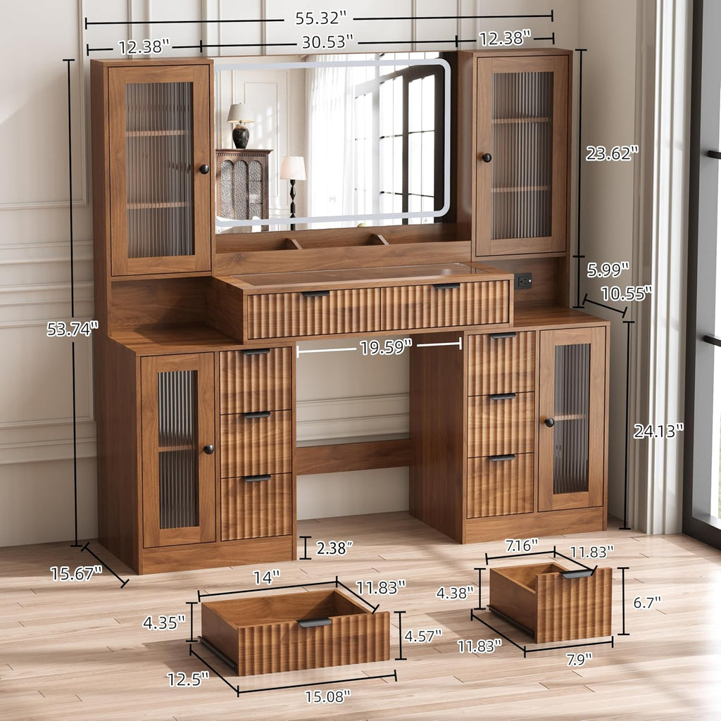 55" Vanity Desk with Mirror & Lights, Fluted Makeup Vanity with 8 Drawers & 4 Cabinets, Tempered Glass Top, RGB Cabinet Lighting, 3-Color Dimmable Mirror, and Charging Station
