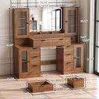 55" Vanity Desk with Mirror & Lights, Fluted Makeup Vanity with 8 Drawers & 4 Cabinets, Tempered Glass Top, RGB Cabinet Lighting, 3-Color Dimmable Mirror, and Charging Station