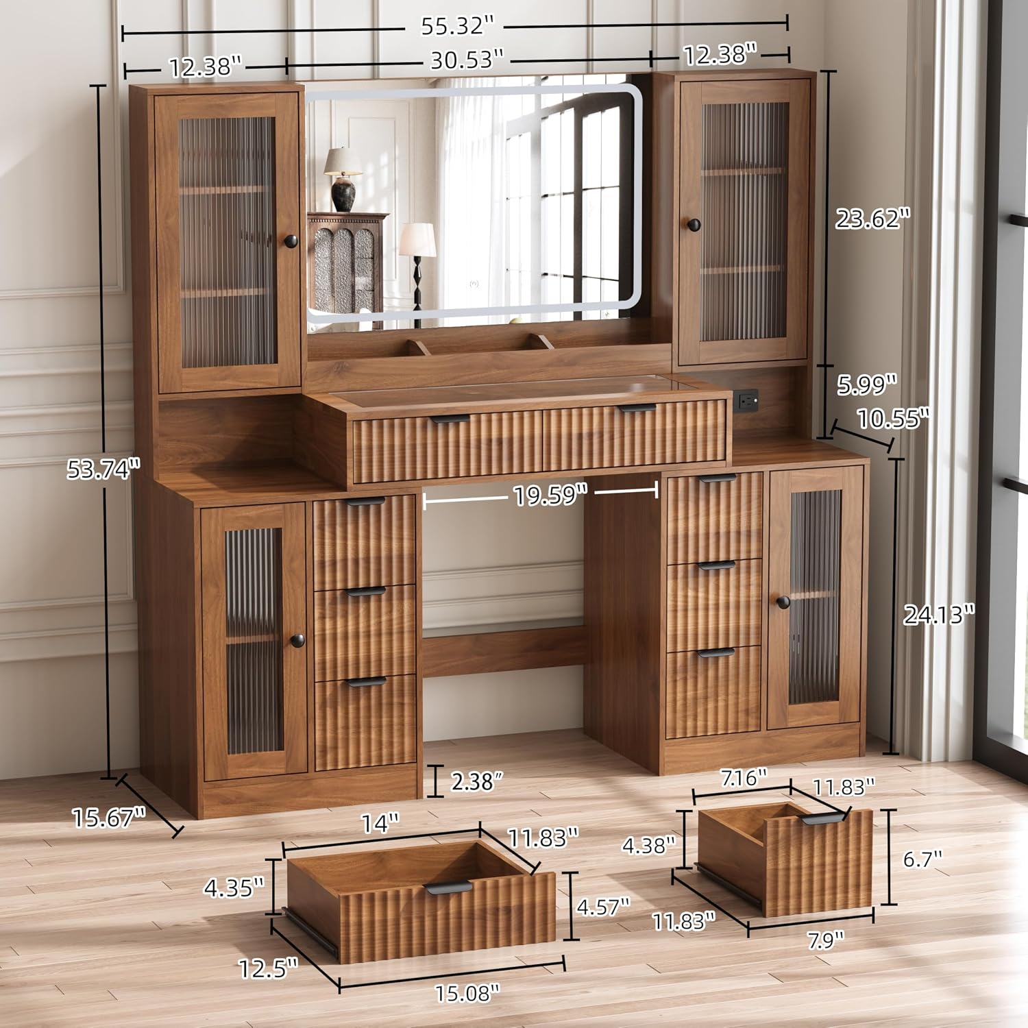 55" Vanity Desk with Mirror & Lights, Fluted Makeup Vanity with 8 Drawers & 4 Cabinets, Tempered Glass Top, RGB Cabinet Lighting, 3-Color Dimmable Mirror, and Charging Station