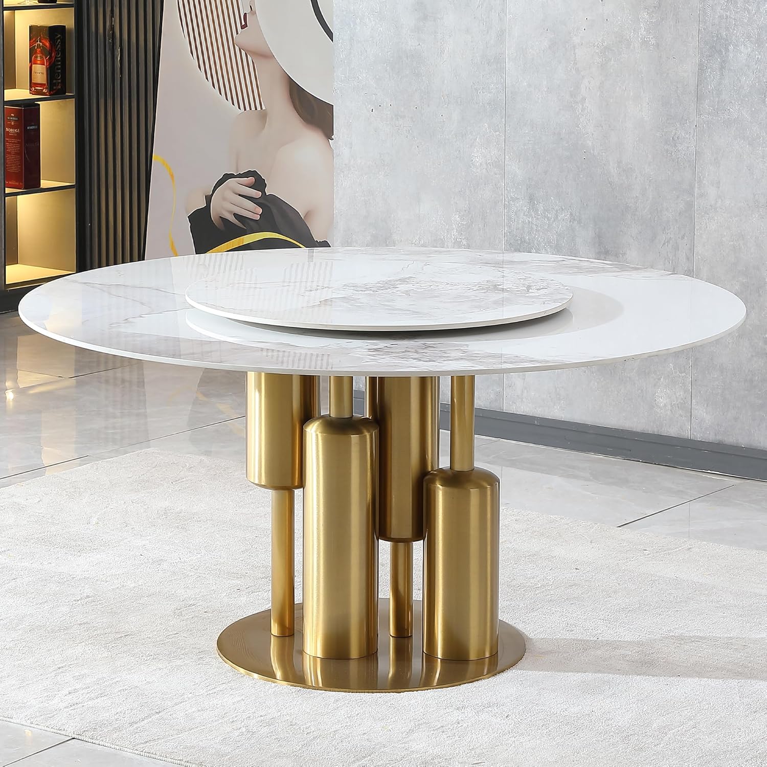 59" D Round Dining Table with 31.5" Detachable Lazy Susan, Modern Sintered Stone Dining Table for 8 Seat, Artificial Marble Dining Room Table Kitchen Table with Stainless Steel Base for Home