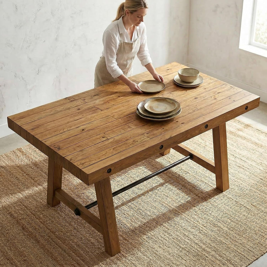 chairus 59'' Farmhouse Dining Table, Solid Wood Rustic Kitchen Table with Metal Stretcher, Large Rectangular Wooden Dining Room Table for Living Room/Home Office, Easy Assembly, Light Walnut