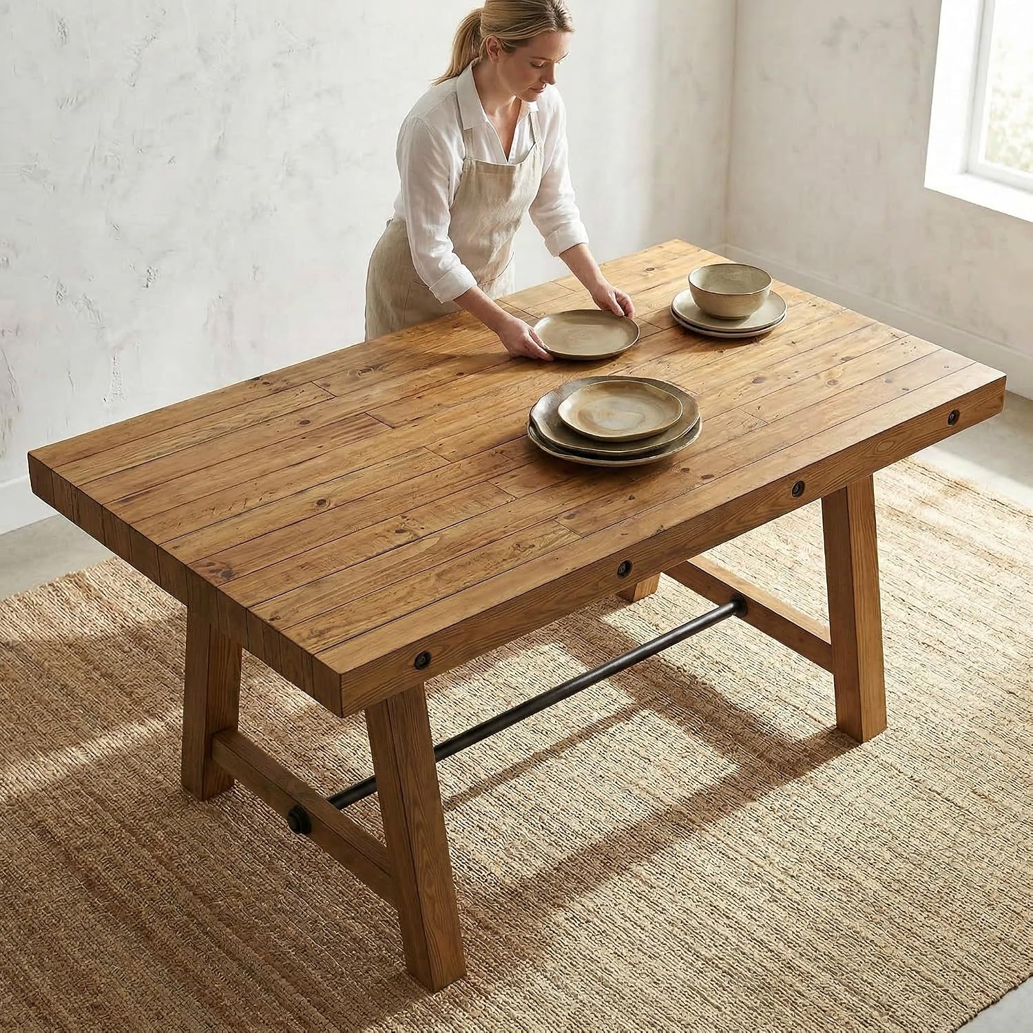 chairus 59'' Farmhouse Dining Table, Solid Wood Rustic Kitchen Table with Metal Stretcher, Large Rectangular Wooden Dining Room Table for Living Room/Home Office, Easy Assembly, Light Walnut