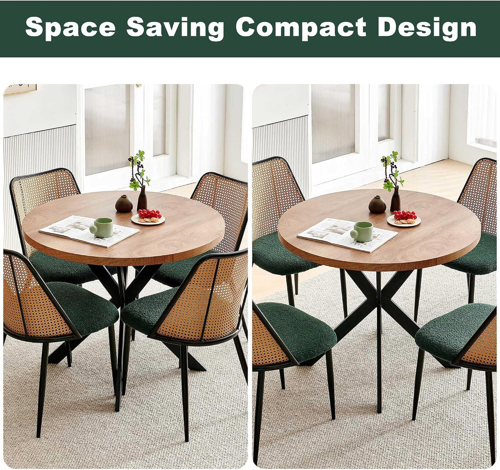 NORDICANA Dining Table Set for 4, Wooden Round Table and Wicker Chairs, 5-Piece Modern Kitchen Dinette Set for Breakfast Nook, Green Boucle Seat