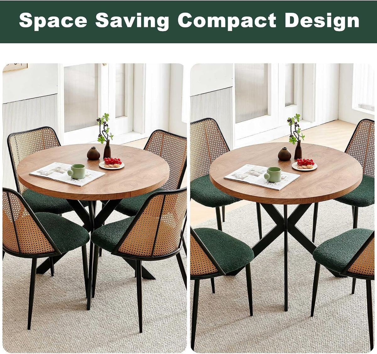 NORDICANA Dining Table Set for 4, Wooden Round Table and Wicker Chairs, 5-Piece Modern Kitchen Dinette Set for Breakfast Nook, Green Boucle Seat
