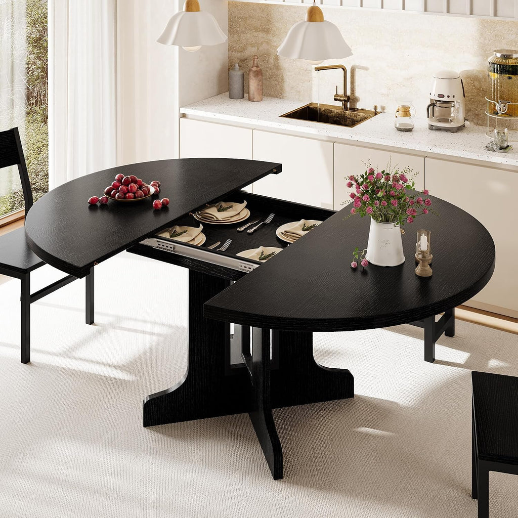 iPormis 5-Piece Round Dining Table Set for 4-6, 59" Extendable Dining Room Table Set with 2 Ergonomic Chairs & 2 Benches, Oval Modern Dinette Table with Metal Frame & MDF Board, Space-Saving, Black