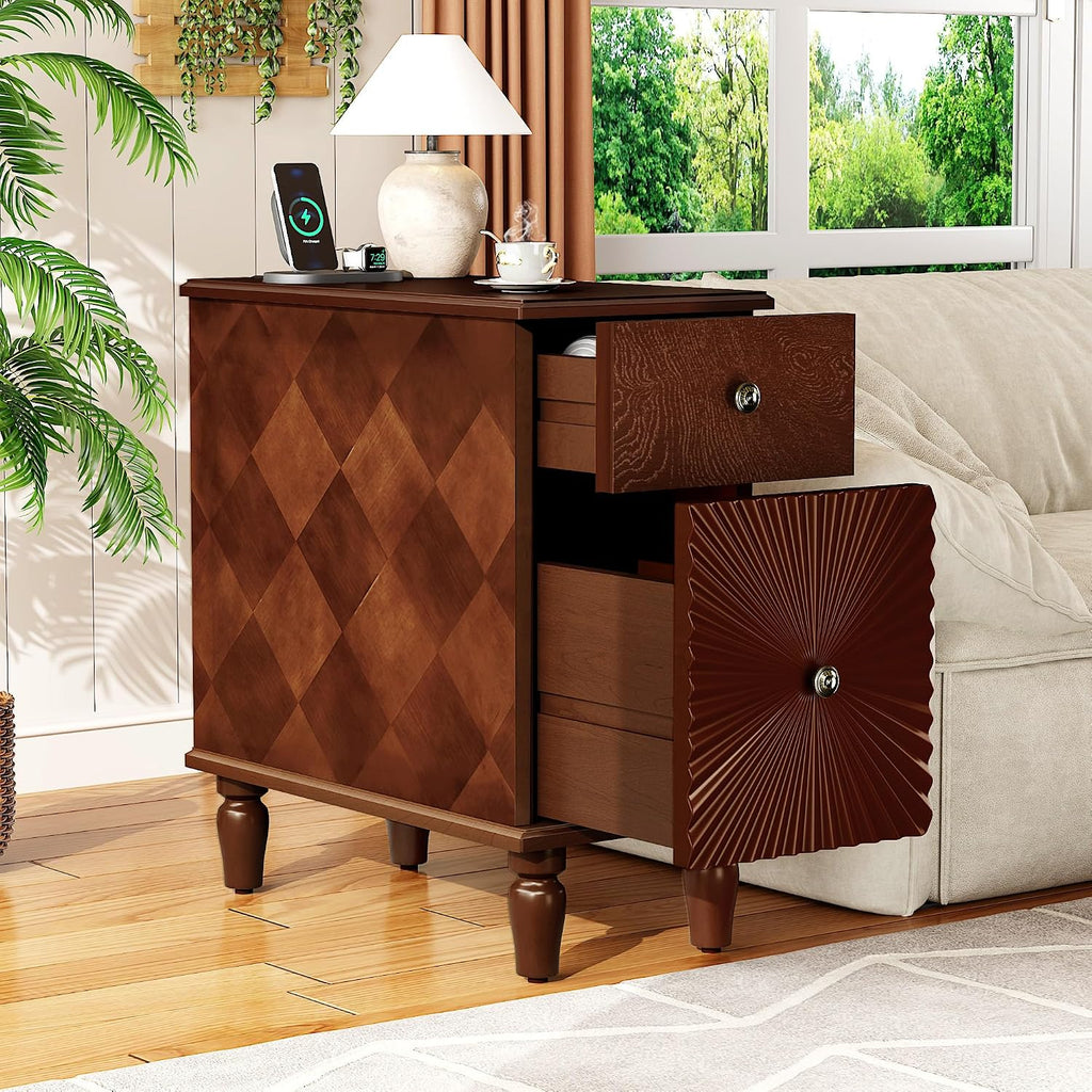 Narrow End Table with Charging Station, Slim Side Table with Drawers for Small Spaces, Long Nightstand with Storage, Traditional Small Bedside Cabinet for Living Room/Bedroom/Corner, Walnut