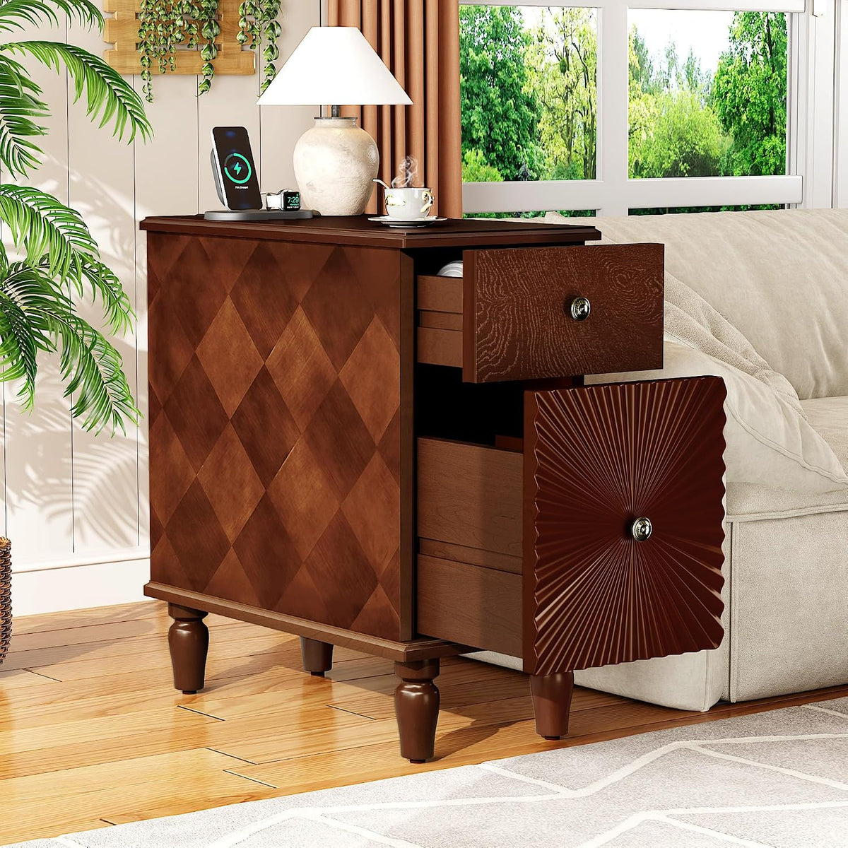 Narrow End Table with Charging Station, Slim Side Table with Drawers for Small Spaces, Long Nightstand with Storage, Traditional Small Bedside Cabinet for Living Room/Bedroom/Corner, Walnut
