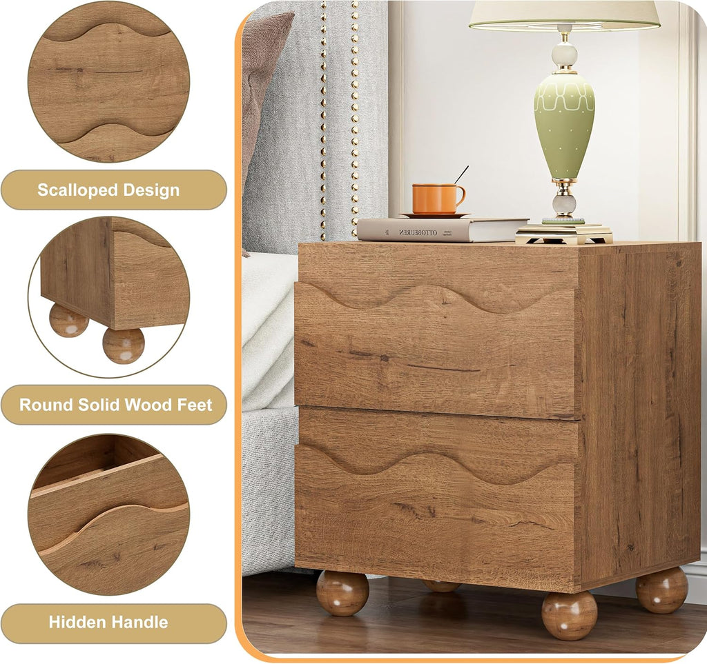Scalloped Nightstand Set of Two for Bedroom with 2 Drawers, Modern Night Stand Set of 2 with Hidden Handle, Wooden End Table, Fluted Wood Bedside Table for Living Room, Natural Oak
