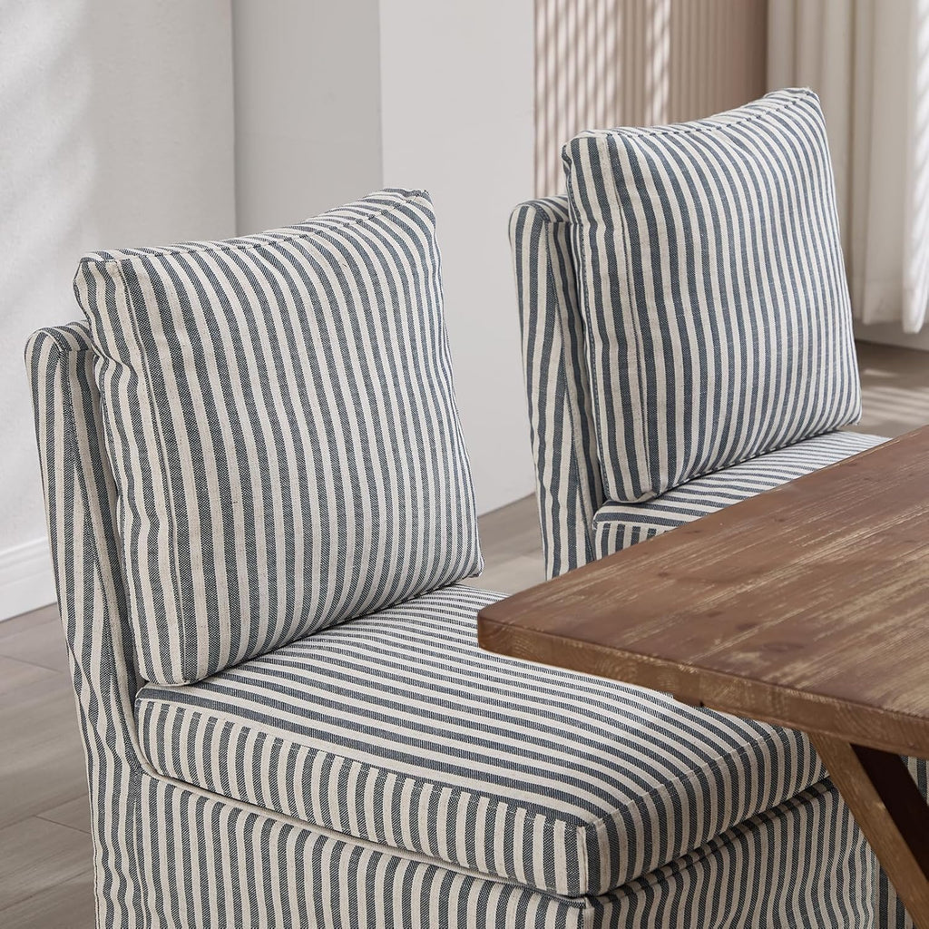 Slipcovered Dining Chairs Set of 2, Farmhouse Upholstered Dining Chair with Solid Wood Legs, Soft Padded Armless Side Chair for Dining/Living/Reading Room, Banquet, Blue Stripe