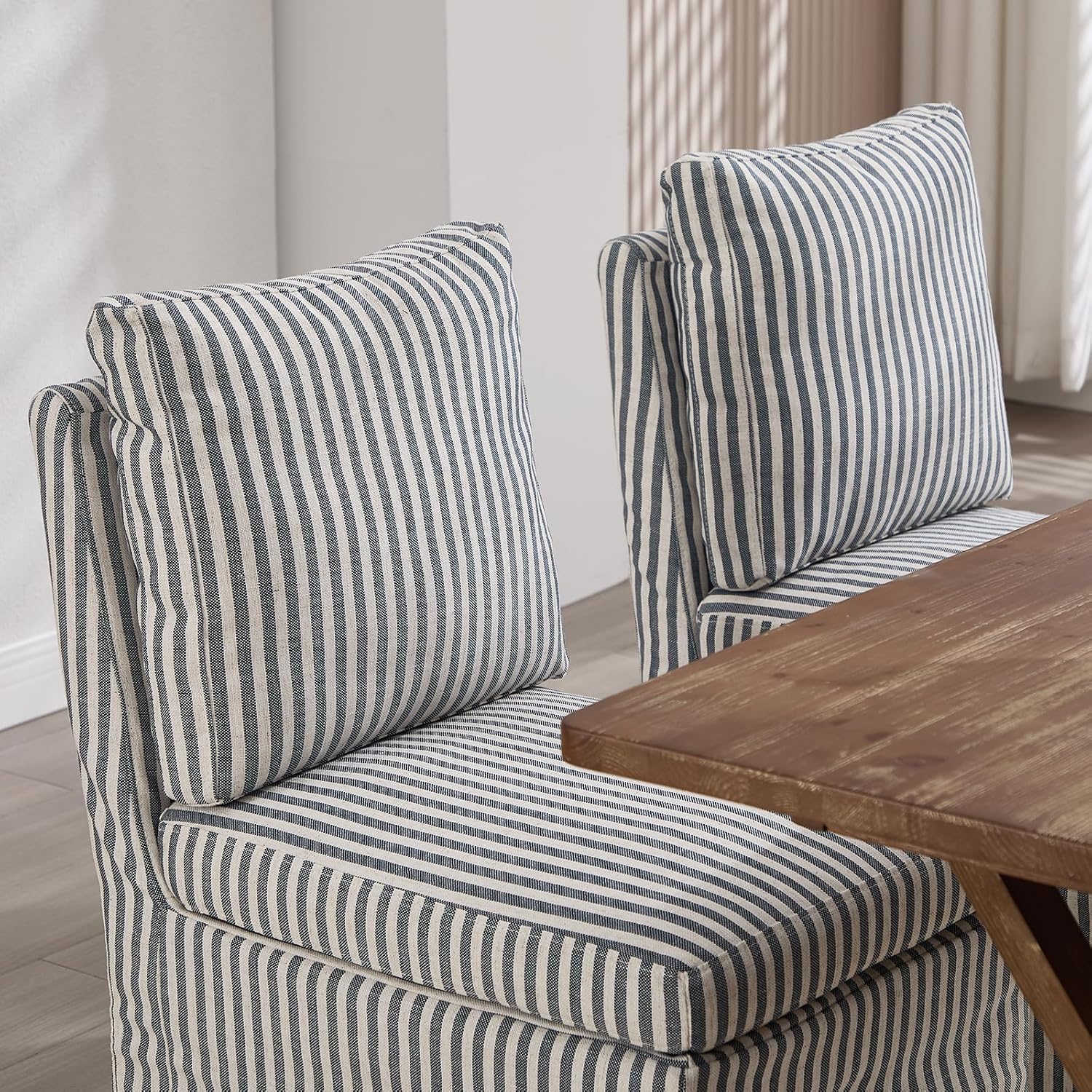 Slipcovered Dining Chairs Set of 2, Farmhouse Upholstered Dining Chair with Solid Wood Legs, Soft Padded Armless Side Chair for Dining/Living/Reading Room, Banquet, Blue Stripe