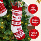JOYIN 3 Pack 18" Knit Christmas Stockings, Burgundy/White Knitted Large Rustic Yarn Xmas Stockings, Snowflakes/Snowmen/Reindeers Character for Family Holiday Decorations, Wall, Staircase Decoration