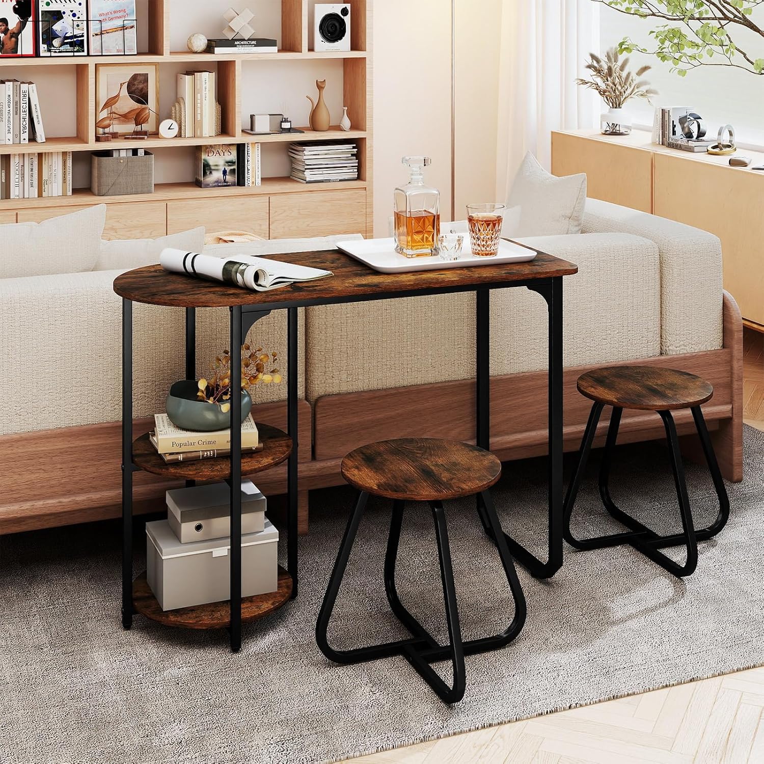GOFLAME 3-Piece Dining Table Set, Wooden Industrial Kitchen Table and 2 Stools with 2-Tier Storage Shelves and Metal Frame, Space Saving Dinette Set for Living Room, Breakfast Nook, Rustic Brown