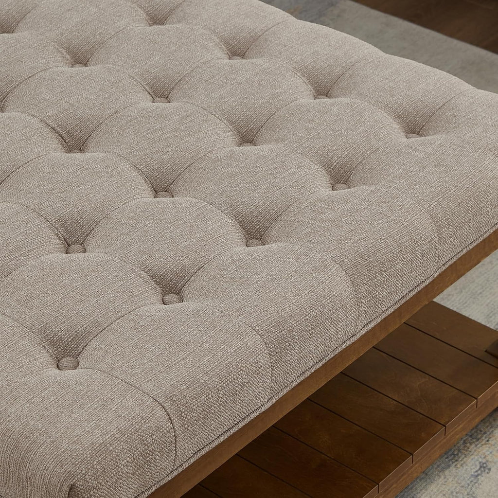 Large Square Upholstered Tufted Linen Ottoman Coffee Table, Large Footrest Ottoman with Solid Wood Shelf- Linen