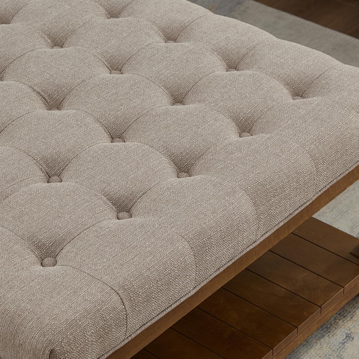 Large Square Upholstered Tufted Linen Ottoman Coffee Table, Large Footrest Ottoman with Solid Wood Shelf- Linen