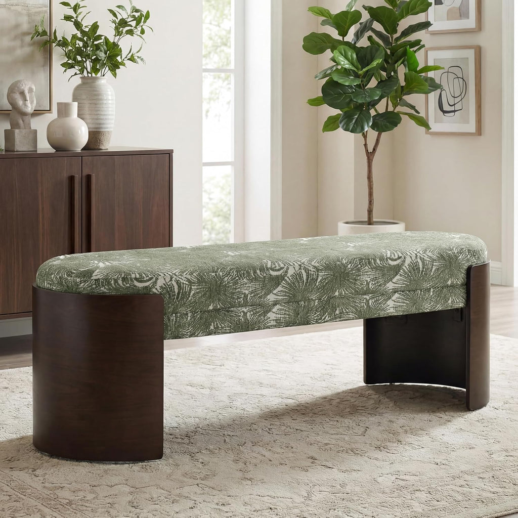 VKNOW 50" Upholstered Ottoman Bench with Botanical Pattern, Oval Entryway Bench with Solid Curved Bentwood Legs, Accent End of Bed Bench for Bedroom, Dining Bench for Dining Room, Living Room, Green