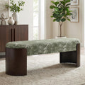 VKNOW 50" Upholstered Ottoman Bench with Botanical Pattern, Oval Entryway Bench with Solid Curved Bentwood Legs, Accent End of Bed Bench for Bedroom, Dining Bench for Dining Room, Living Room, Green