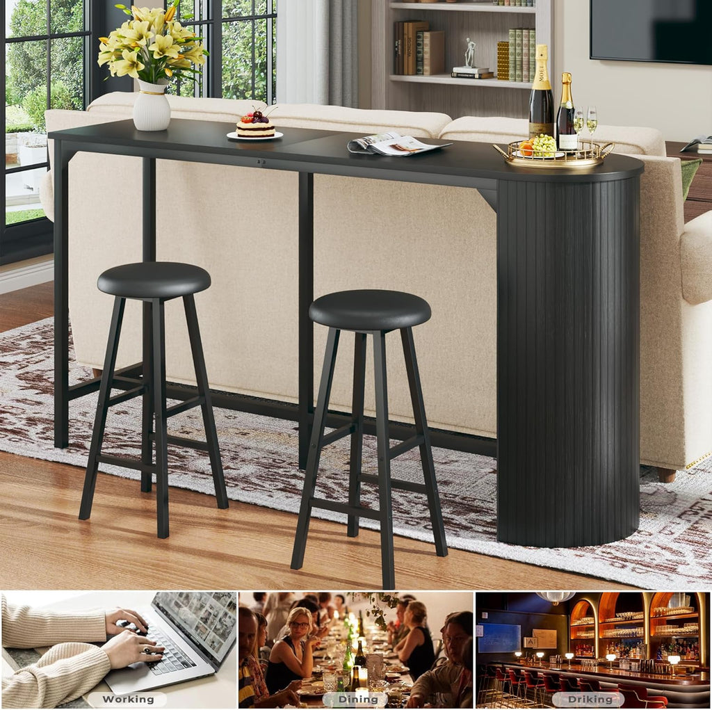Fluted Bar Table and Chairs Set, 55'' Long Bar Tables with 2 Stools, 3 Piece Counter Height Dining Table for 2, Space Saving Kitchen Table for Bar, Dining Room, Kitchen, Breakfast Nook Corner, Black