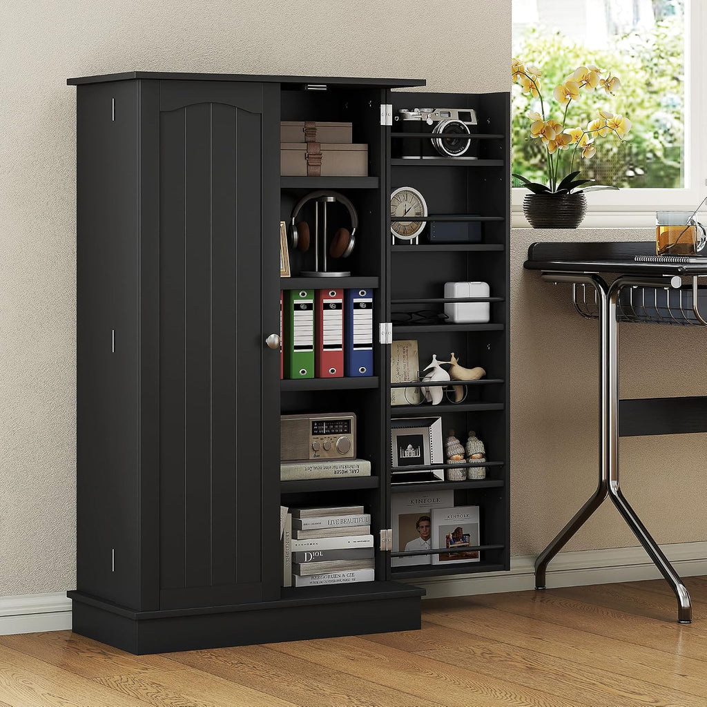 HOMCOM 41" Kitchen Pantry Storage Cabinet, Freestanding Kitchen Cabinet with 12 Door Shelves, Double Doors, 5-Tier Shelving and Adjustable Shelves, Black