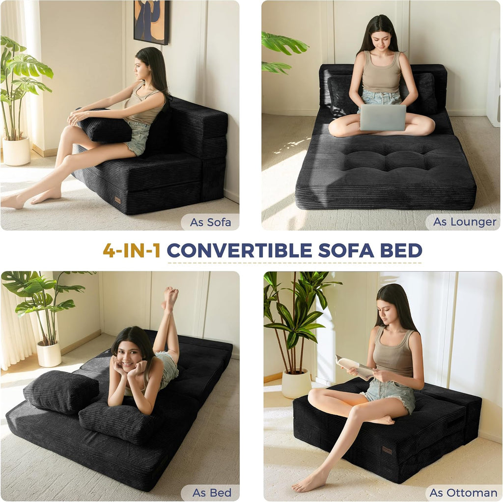 MAXYOYO Convertible Sofa Bed, Fold Out Sofa Couch with Pillow for Adults | Loveseat Sofa 4 in 1 Tufted Folding Couch Bed Foam Floor Couch, Lazy Chair for Living Room Bedroom Guest Room, Black