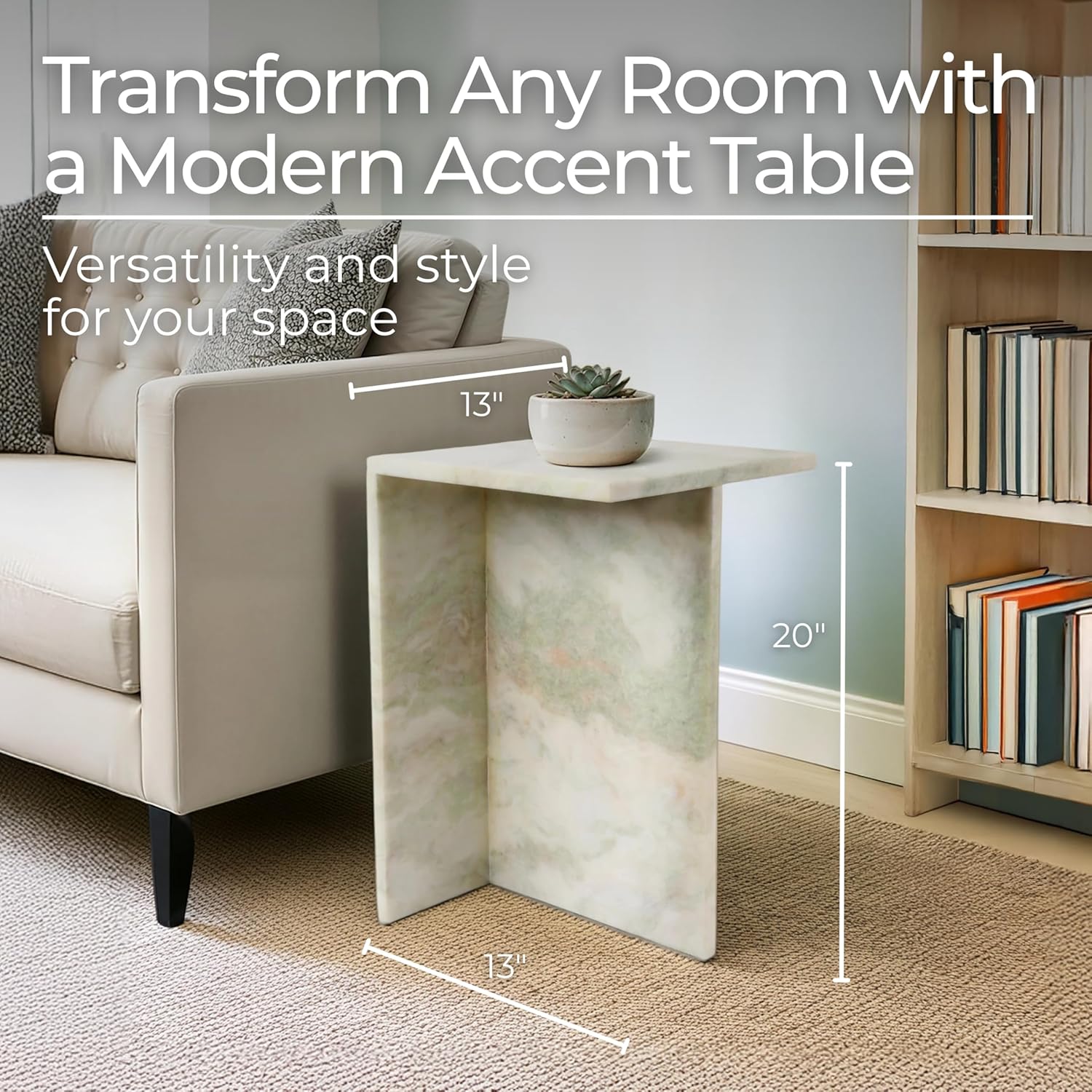 Elegant Boho Glam Accent Table with Stylish Modern Design – Solid Marble Stone Square Side Table for Living Room, Bedroom, Office, & Home Decor – 13 x 20 Inches