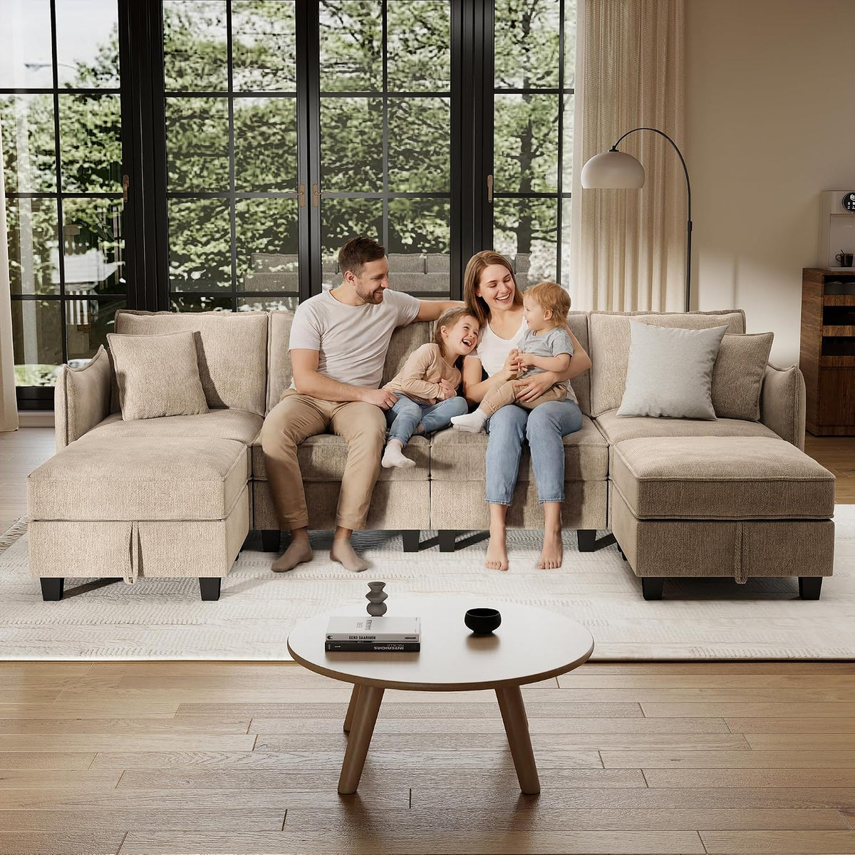 Ihanherry 112" Modular Sectional U-Shaped Sofa, Modern 6-Seat Cloud Couch with 2 Storage Ottomans, Soft Chenille Fabric Sectional Set for Living Room Bedroom Apartment, Brown