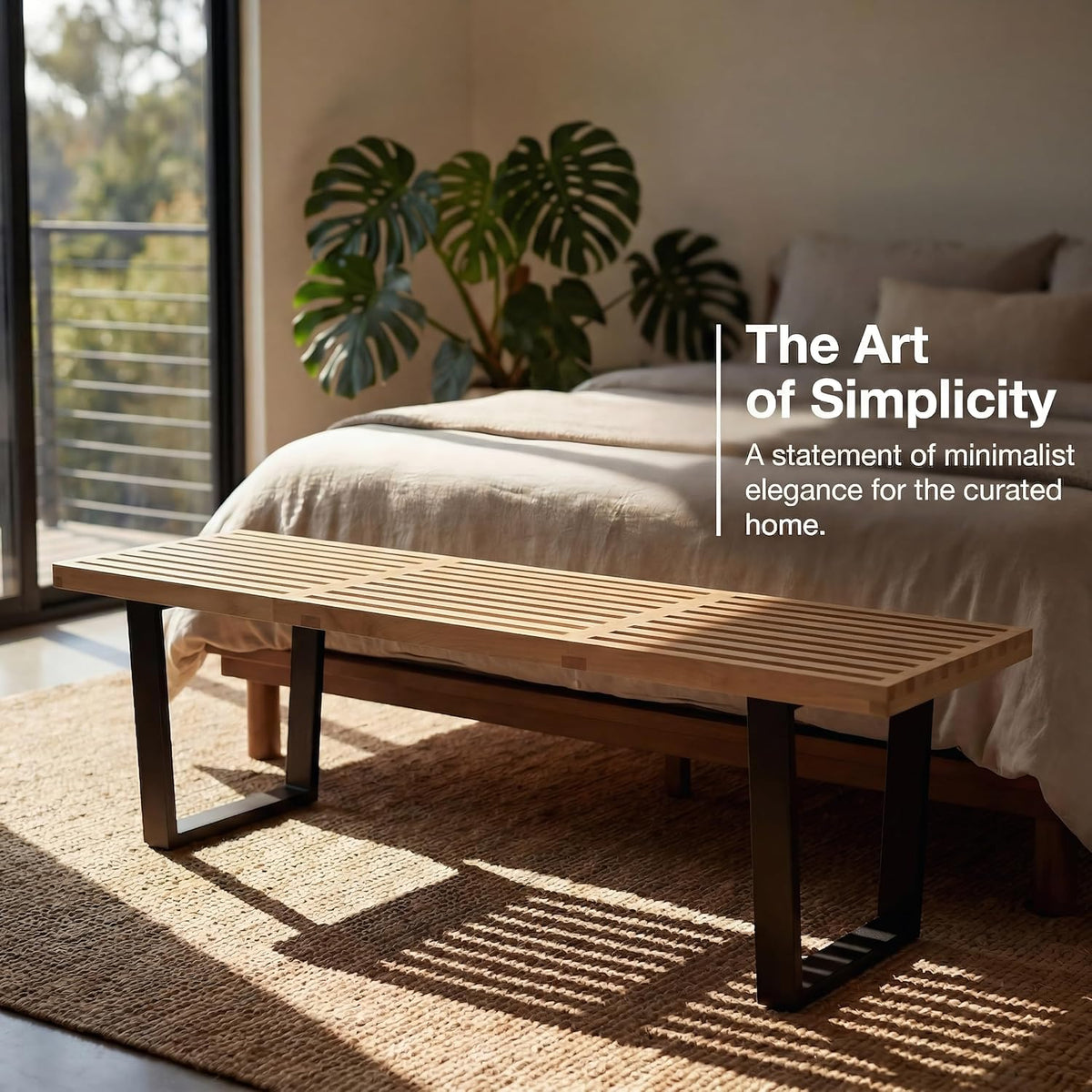 HNY Modern Entryway Bench Wood Dining Bench Minimalist Nelson Bench with Metal Legs for Bedroom Dining Room Hallway Foyer Living Room, Natural Finish