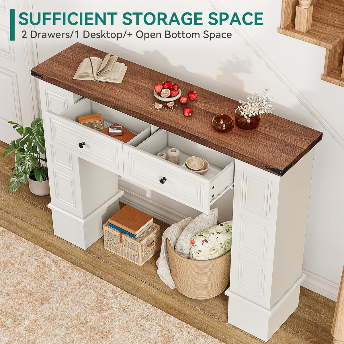 YITAHOME Farmhouse Console Table for Entryway with Storage, Narrow Long Sofa Table Furniture with Non-tip Kit, Behind Couch Table for Hallway, Living Room & Bedroom, Off White & Walnut