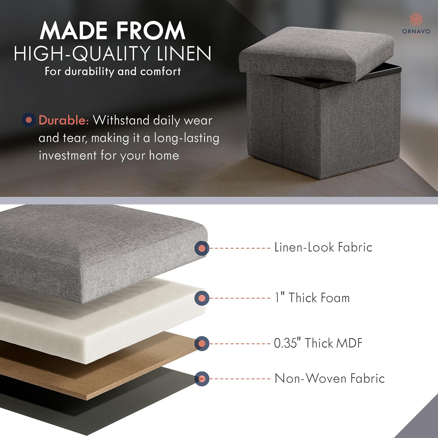 Ornavo Home Small Storage Ottoman Foldable Collapsible Cube Square Linen Ottoman Foot Rest Stool Seat, for Living Room, Bedroom, Home Office, Dorm - 12 x 12 x 12, Dark Gray