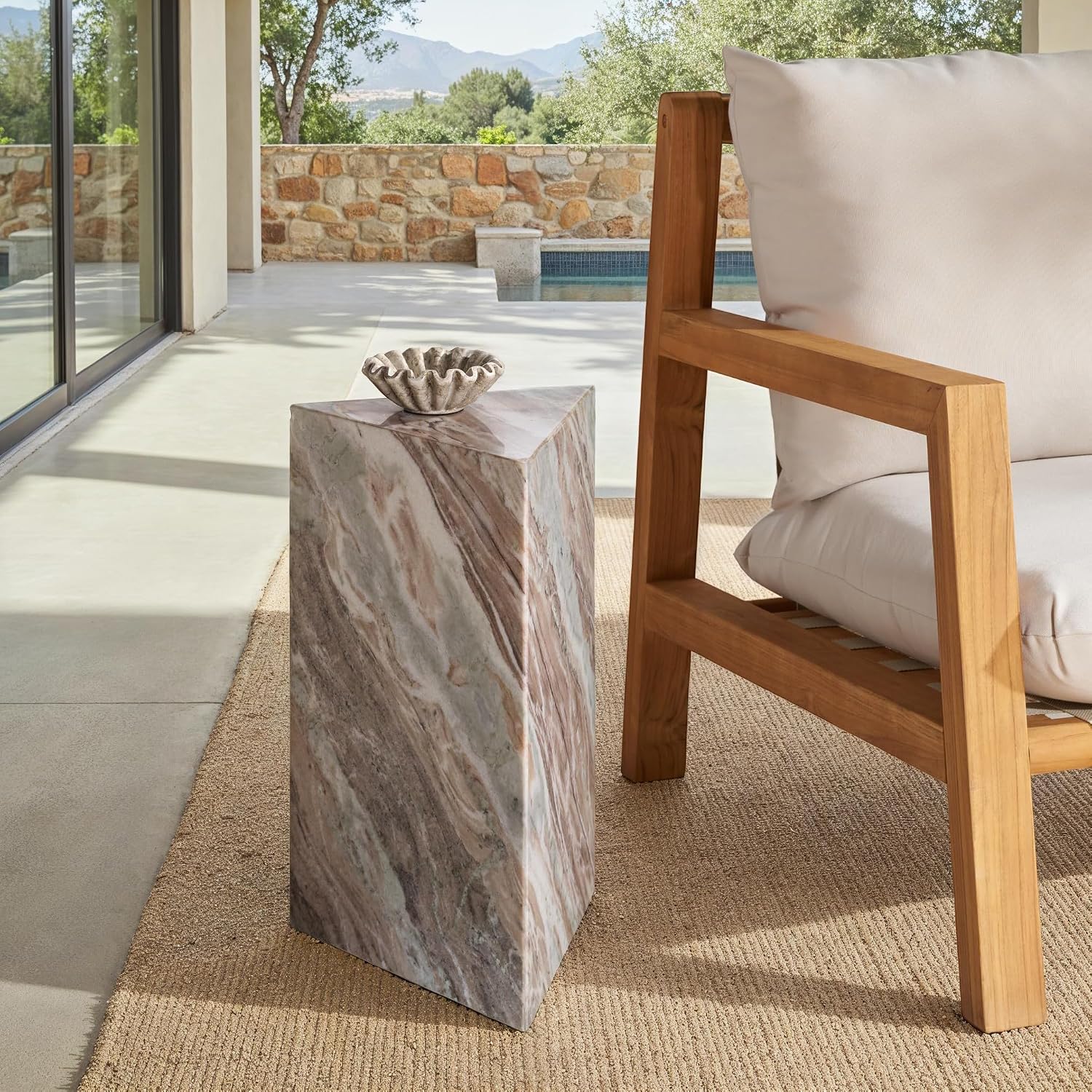 SAFAVIEH Couture Collection - Leah Bryanna White & Brown Marble Accent Table, Triangle Top Drink Table, Sculptural Pedestal Design (SFV9751B)