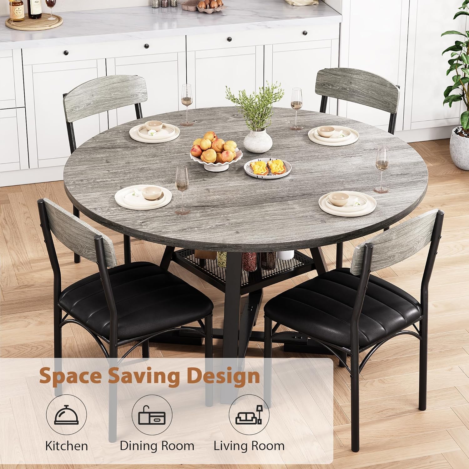 Round Dining Table Set for 4, Kitchen Table and Chairs for 4, Circle Table Round Pedestal Dining Room Dinner Dinette Table Set,5 Piece Space Saving Wood Kitchen & Dining Room Tables (Grey, 42In)