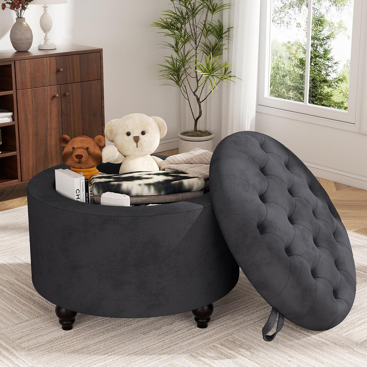 24 Inch Round Storage Ottoman,Modern Tufted Ottomans,Circular Coffee Table with Removable Top,Upholstered Large Ottoman with Storage Footrest Stool for Bedroom Living Room (Darkgrey)