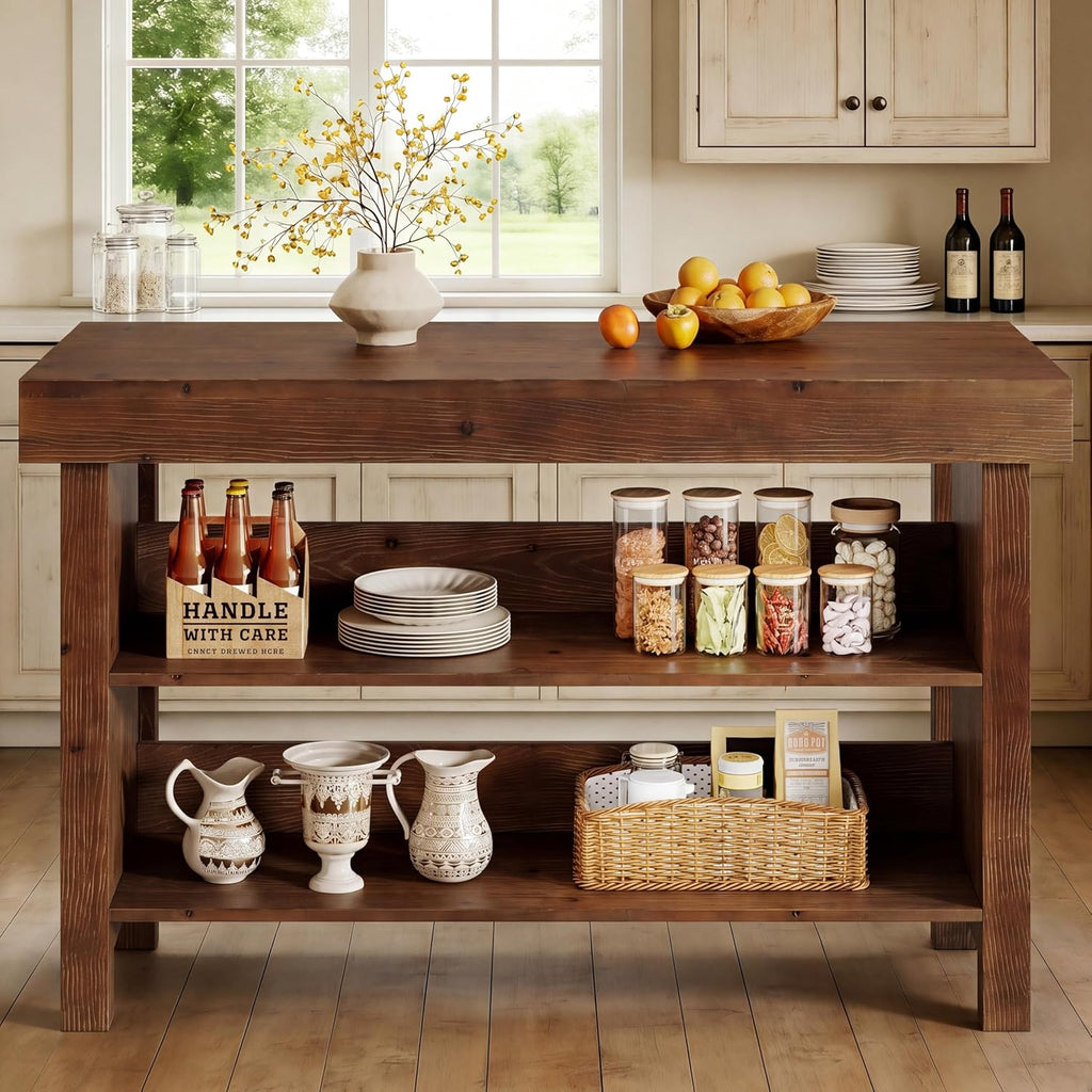 55" Solid Wood Kitchen Island with Storage, Farmhouse Kitchen Island Table with 3-Tier Open Shelves and Large Countertop for Kitchen, Dining & Living Room, Walnut