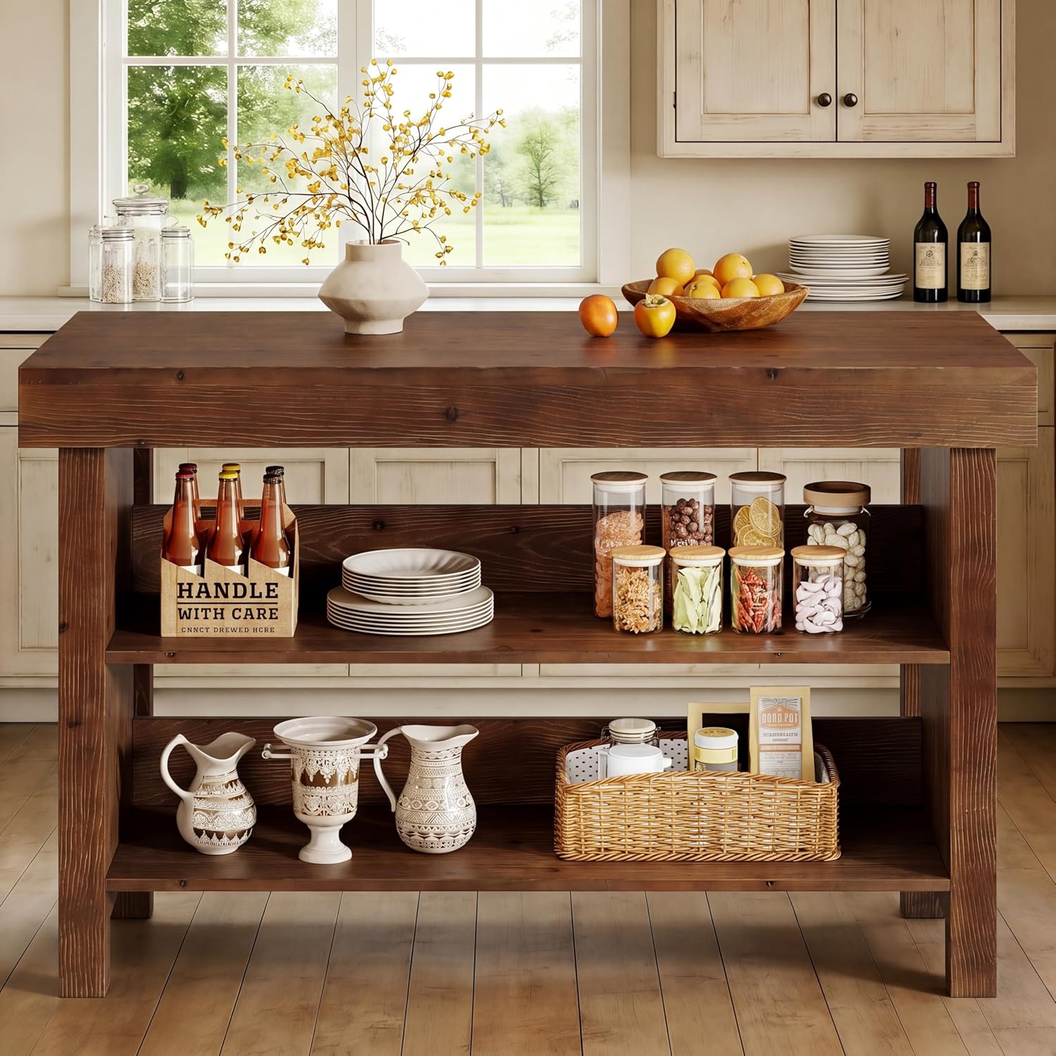 55" Solid Wood Kitchen Island with Storage, Farmhouse Kitchen Island Table with 3-Tier Open Shelves and Large Countertop for Kitchen, Dining & Living Room, Walnut
