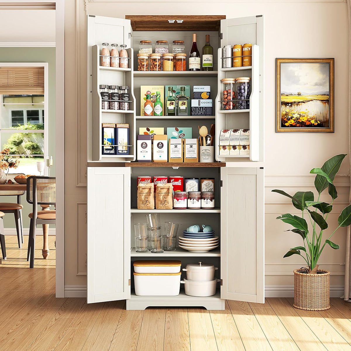Yusong 72'' Farmhouse Kitchen Pantry Cabinet,Storage Cabinet with 4 Doors and Adjustable Shelves, Wooden Food Pantry Cupboard for Kitchen Dining Living Room Bathroom, Antique White with Wood Top