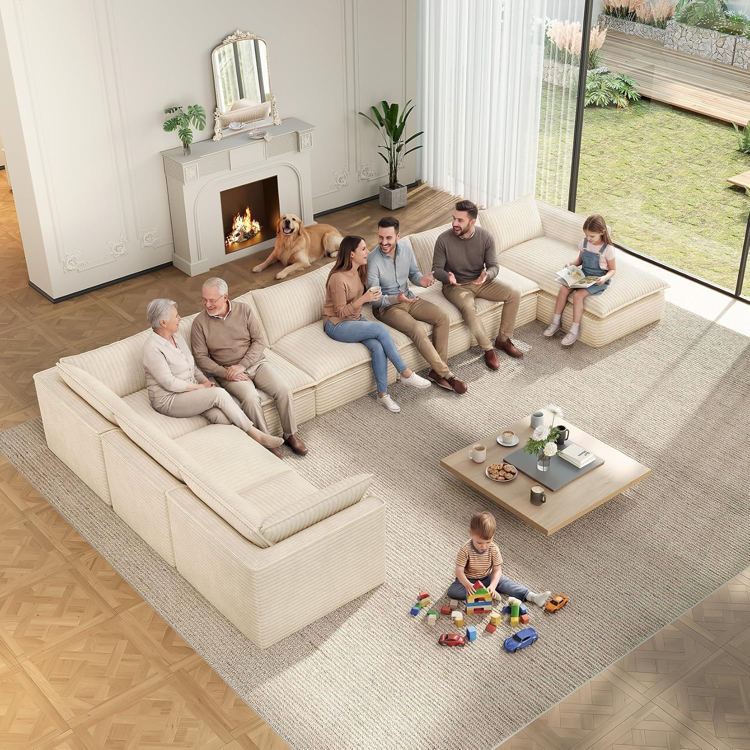 Vesgantti 7 Seater Plush Corduroy Couch, 141.7" Large Sofa, Beige | Oversized Modular Sectional Couch with Chaise & Ottoman, Deep Seat Cloud Sofa for Living Room, No Assembly Compressed Sofa