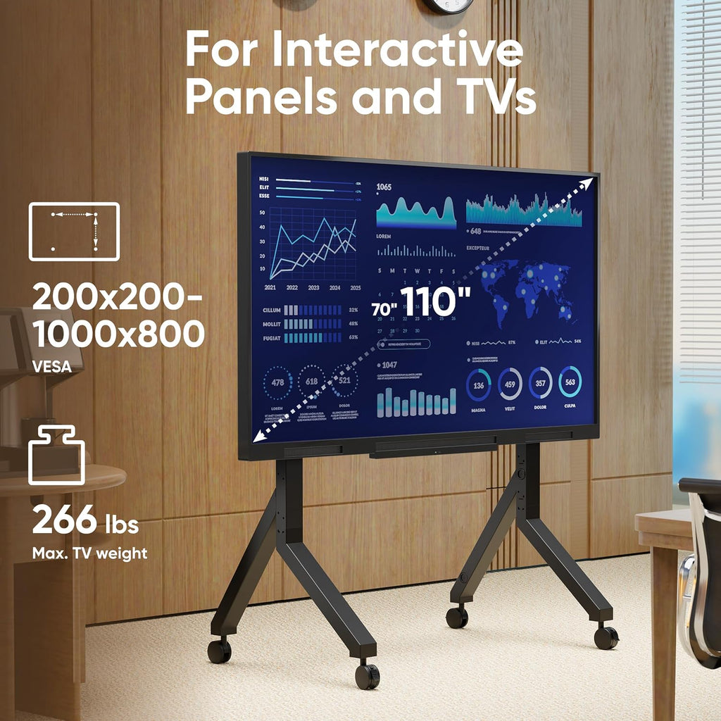 ONKRON Mobile TV Stand 70-110 Inch, up to 266 lbs, max VESA 1000x800, Black | TV rolling cart with 9.9 lb shelf, cable channels, locking wheels, wide base; for universities, offices & trade show events
