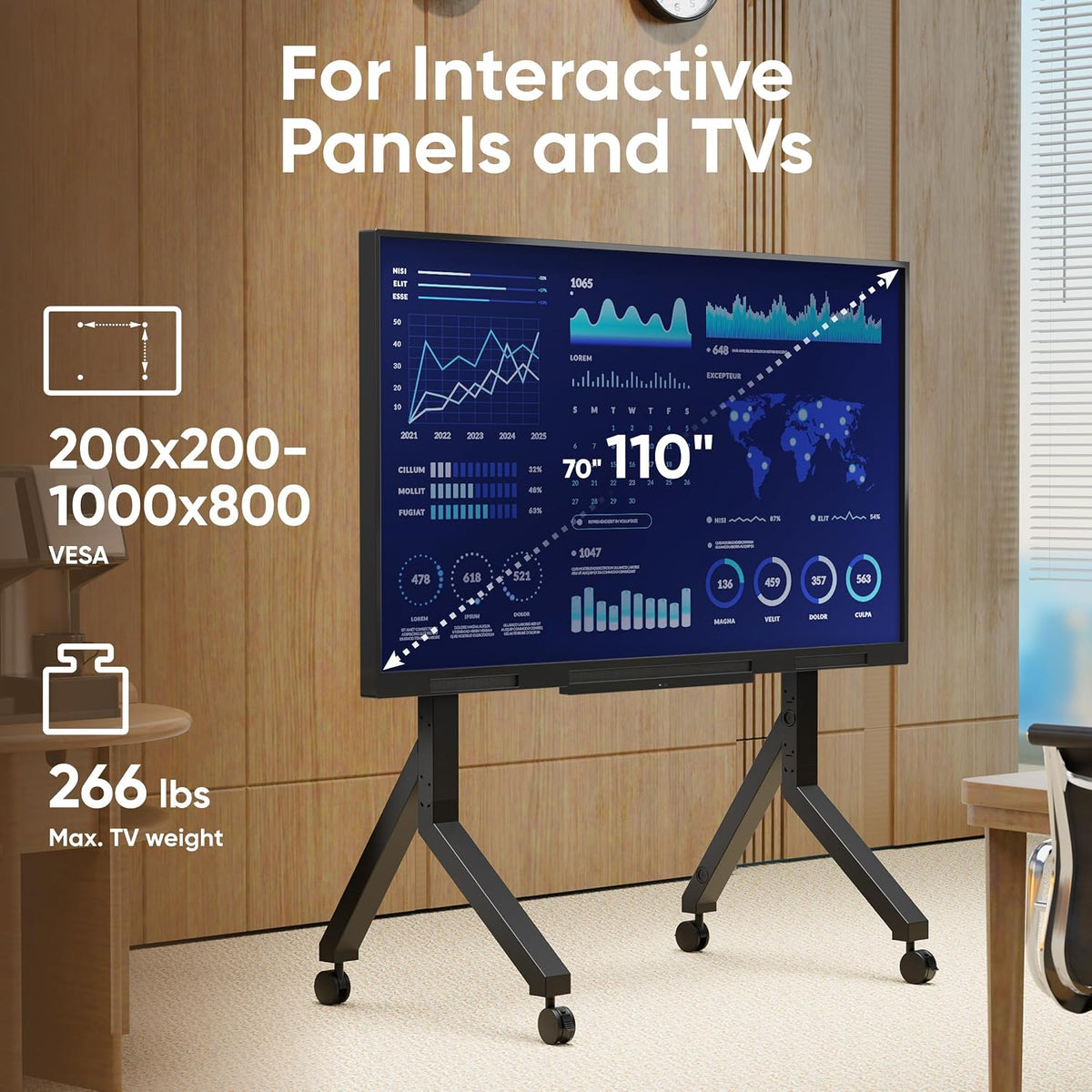 ONKRON Mobile TV Stand 70-110 Inch, up to 266 lbs, max VESA 1000x800, Black | TV rolling cart with 9.9 lb shelf, cable channels, locking wheels, wide base; for universities, offices & trade show events
