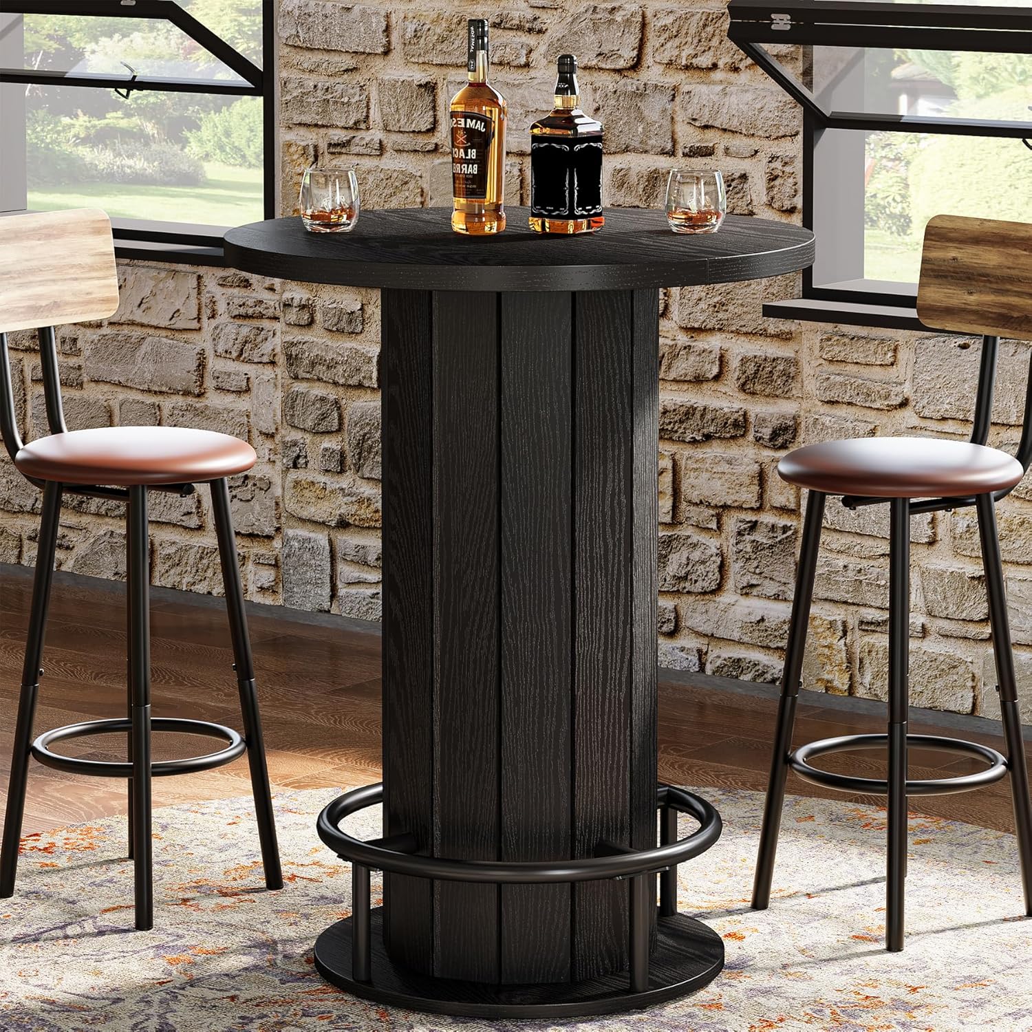 Tribesigns Round Bar Table, 39.4" H Wood Bistro Pub Table with Metal Ring Footrest for Dining Coffee Cocktail Living Room, Small Space, Black(Only Table)