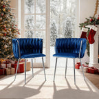 Velvet Dining Chairs Velvet Woven Upholstered Dining Room Chair Modern Armrest Lounge Chair with Metal Legs for Dining Kitchen Vanity Chair for Makeup Room (Navy+Sliver Leg, Set of 2)
