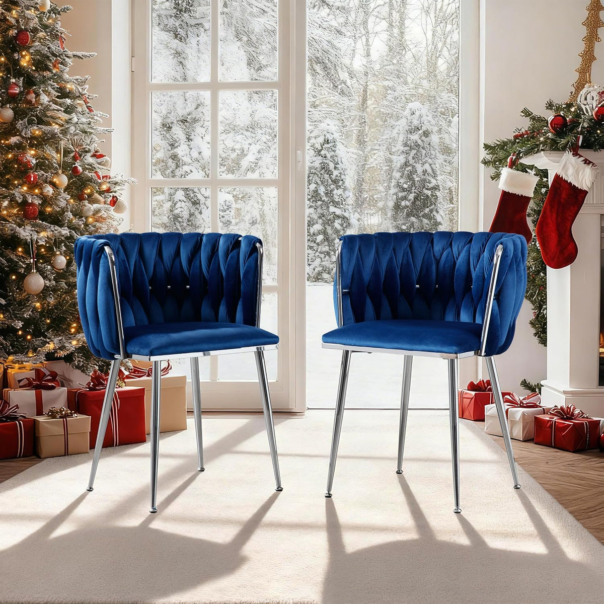 Velvet Dining Chairs Velvet Woven Upholstered Dining Room Chair Modern Armrest Lounge Chair with Metal Legs for Dining Kitchen Vanity Chair for Makeup Room (Navy+Sliver Leg, Set of 2)
