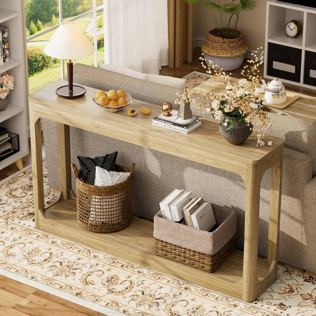 Knocbel Long Sofa Console Table with Bottom Open Storage Shelf, Narrow Wooden Entryway Hallway Foyer Sofa Couch Side Table, Easy Assembly (Natural 55")