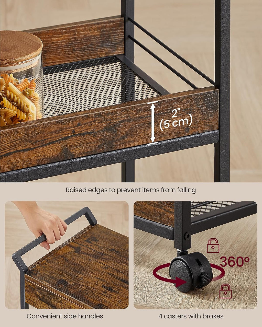 VASAGLE Storage Cart, 3-Tier Rolling Utility Cart with Table Top | Top Drawer, Mesh Shelves, Handles, 4 Lockable Casters, Rustic Brown and Matte Black, DACEY Collection ULRC048K01