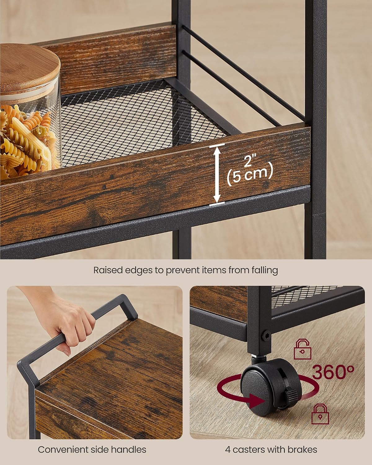 VASAGLE Storage Cart, 3-Tier Rolling Utility Cart with Table Top | Top Drawer, Mesh Shelves, Handles, 4 Lockable Casters, Rustic Brown and Matte Black, DACEY Collection ULRC048K01