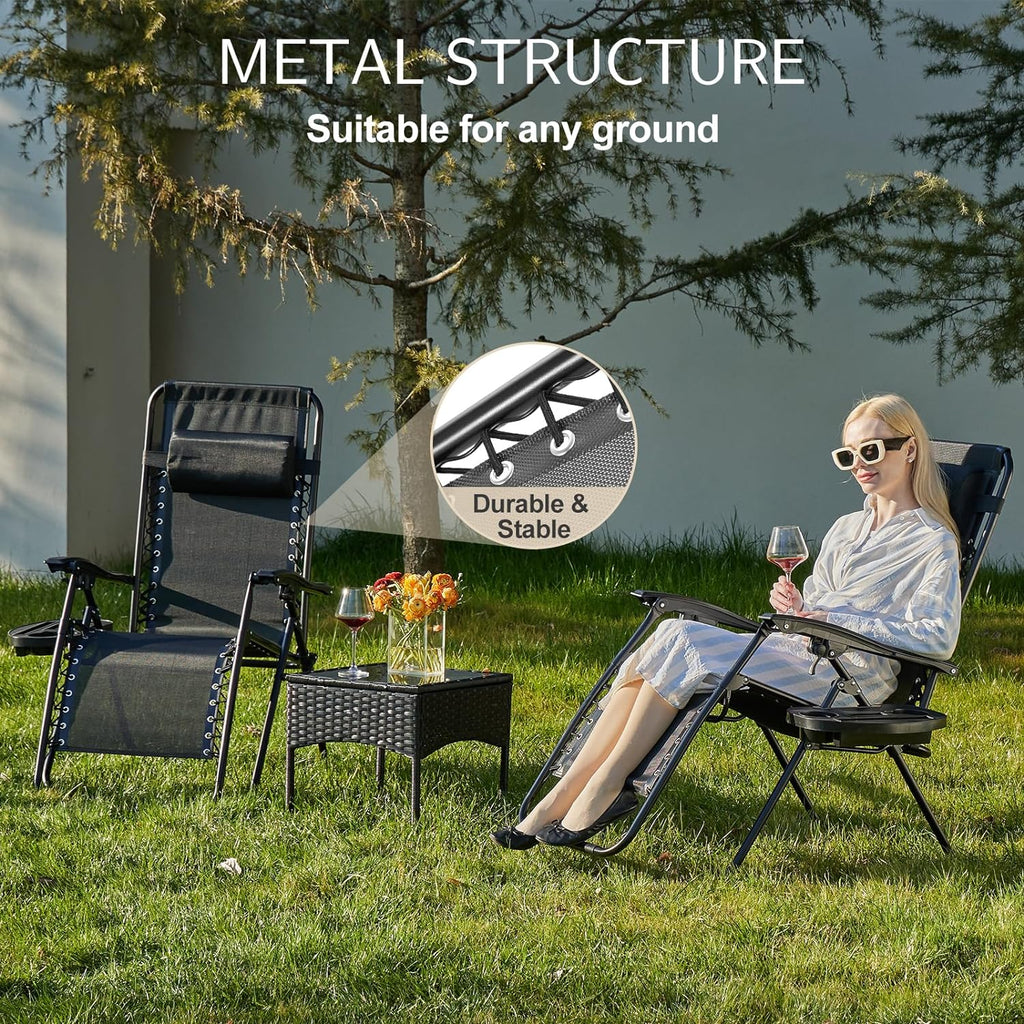 Sweetcrispy Zero Gravity Chairs Set of 2, Outdoor Folding Patio Lounge Chair with Cup Holder Tray, Portable Beach Camping Recliner for Poolside, Garden, Backyard, Lawn, Solid Black