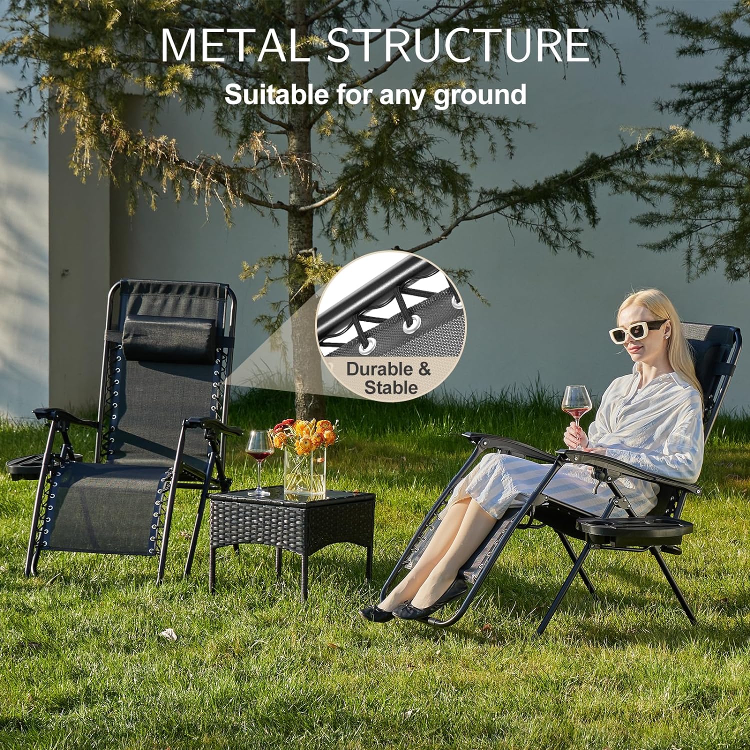 Sweetcrispy Zero Gravity Chairs Set of 2, Outdoor Folding Patio Lounge Chair with Cup Holder Tray, Portable Beach Camping Recliner for Poolside, Garden, Backyard, Lawn, Solid Black